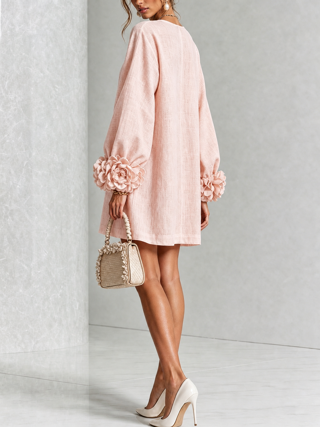 Pink Long Sleeve Floral Button-Down Mini Dress with Striking Floral Cuffs