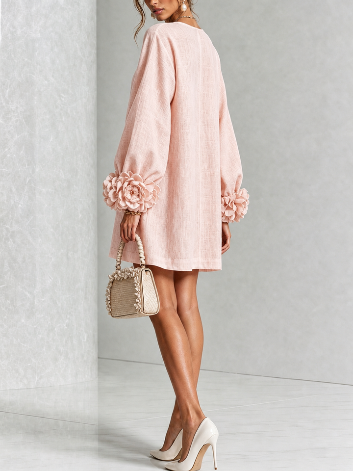 Pink Long Sleeve Floral Button-Down Mini Dress with Striking Floral Cuffs