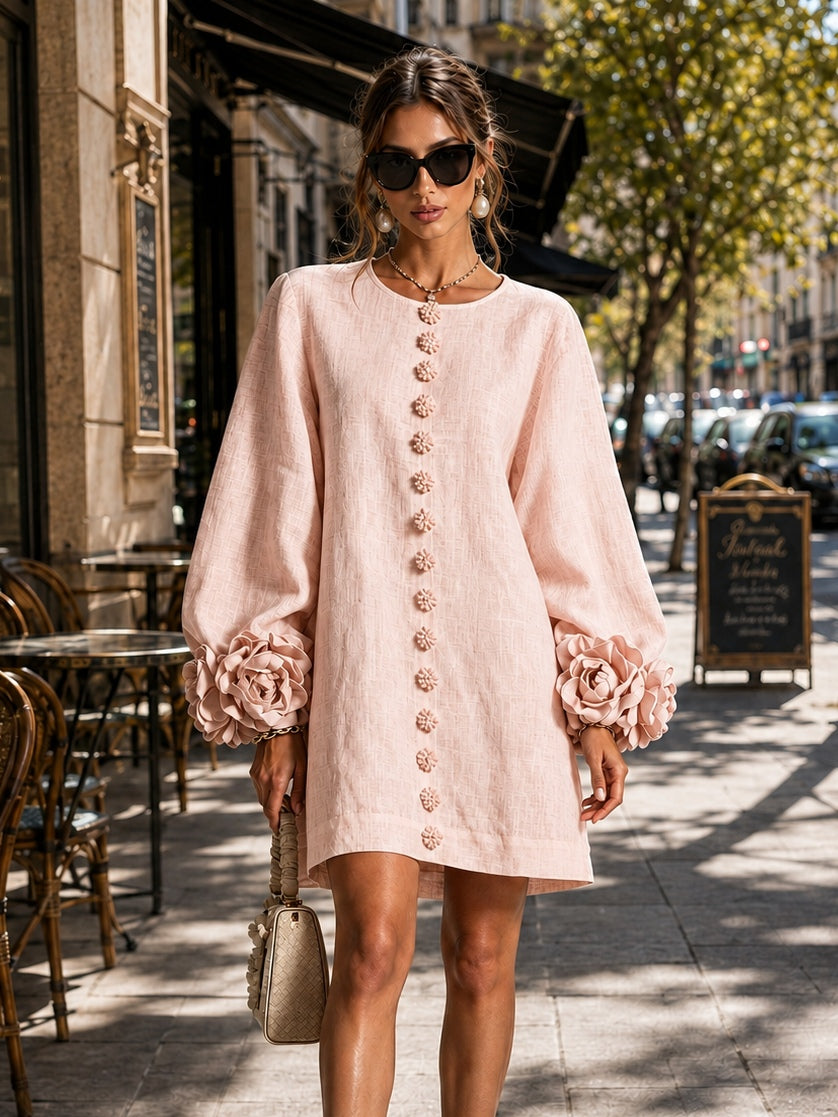 Pink Long Sleeve Floral Button-Down Mini Dress with Striking Floral Cuffs