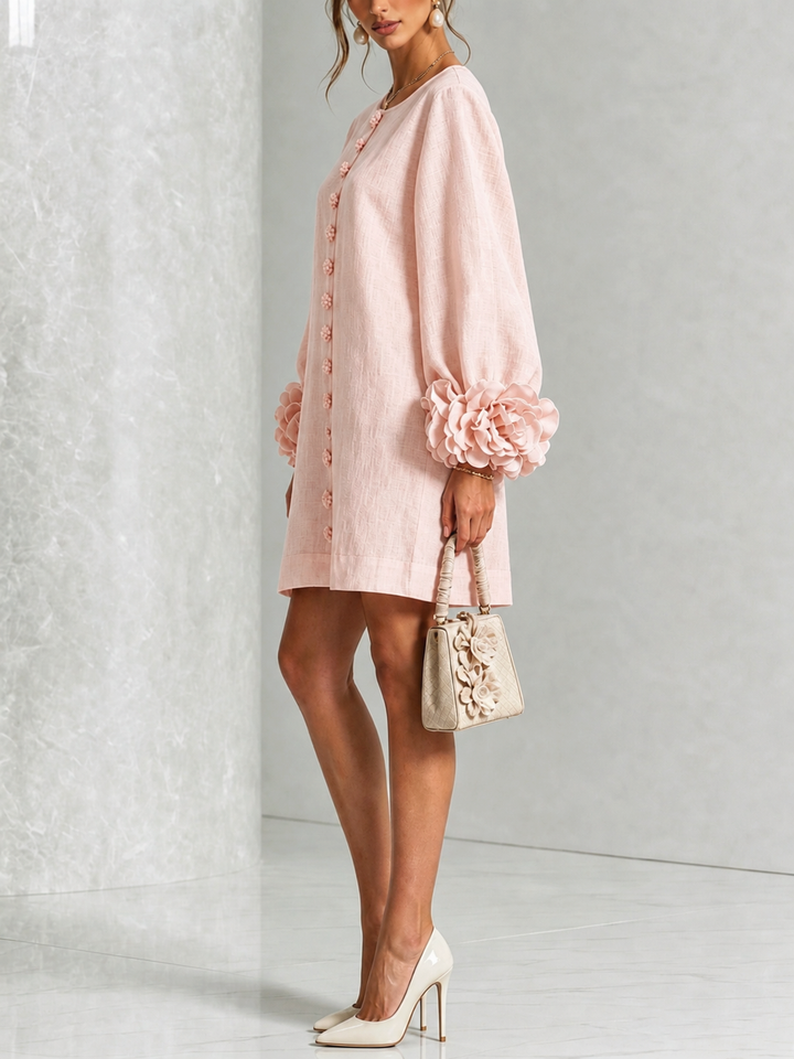 Pink Long Sleeve Floral Button-Down Mini Dress with Striking Floral Cuffs