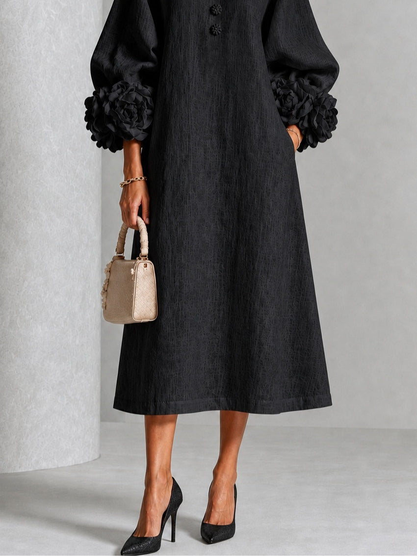 Black Floral Button-Down Midi Dress with Striking Floral Cuffs