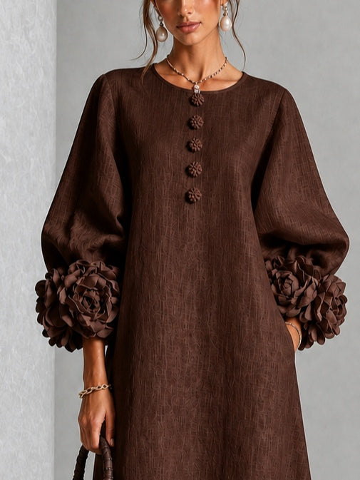 Chocolate Brown Floral Button-Down Midi Dress with Striking Floral Cuffs