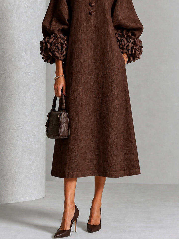 Chocolate Brown Floral Button-Down Midi Dress with Striking Floral Cuffs