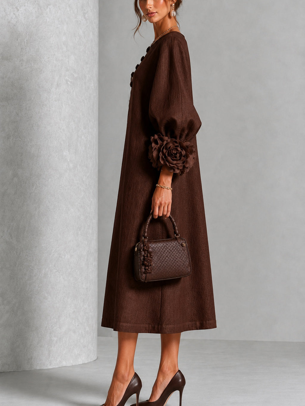 Chocolate Brown Floral Button-Down Midi Dress with Striking Floral Cuffs