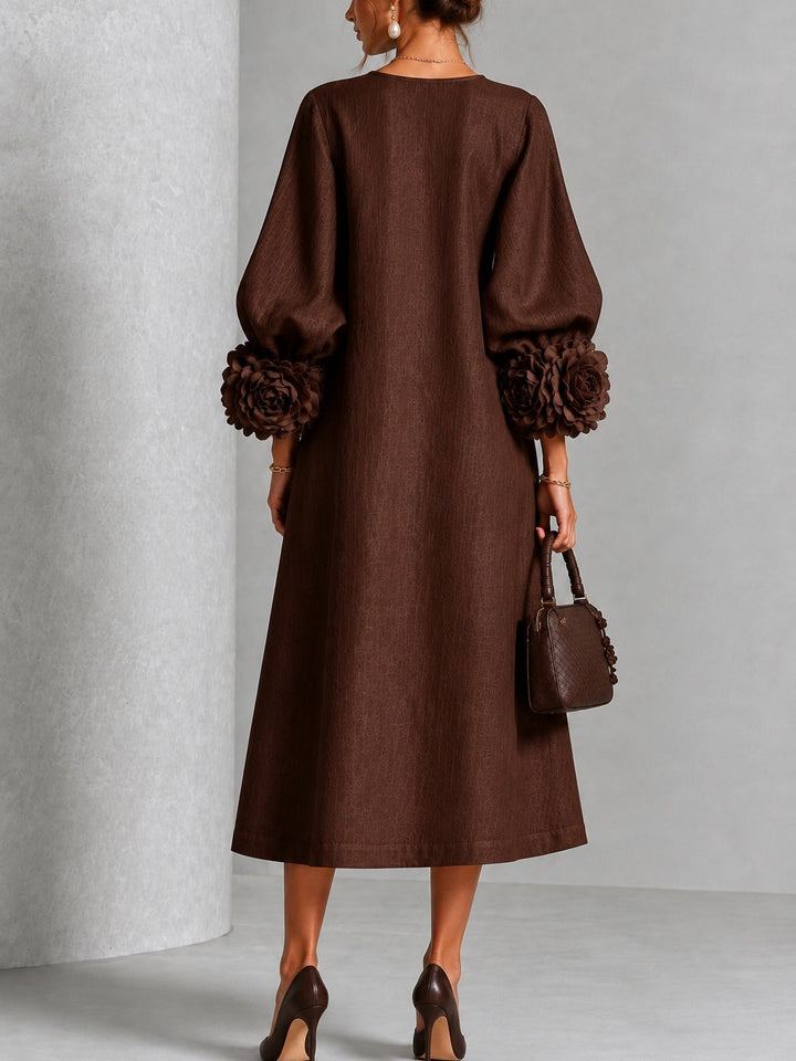 Chocolate Brown Floral Button-Down Midi Dress with Striking Floral Cuffs