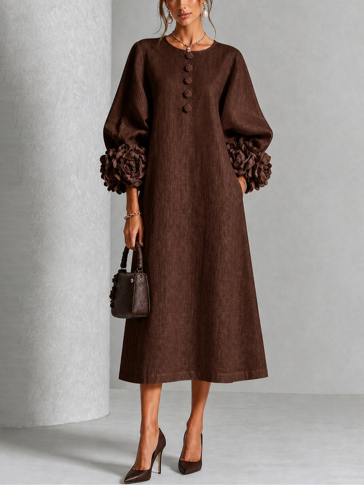 Chocolate Brown Floral Button-Down Midi Dress with Striking Floral Cuffs