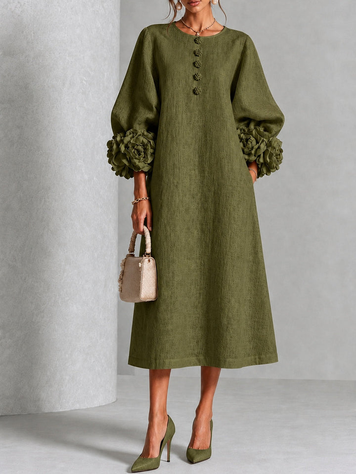 Olive Floral Button-Down Midi Dress with Striking Floral Cuffs