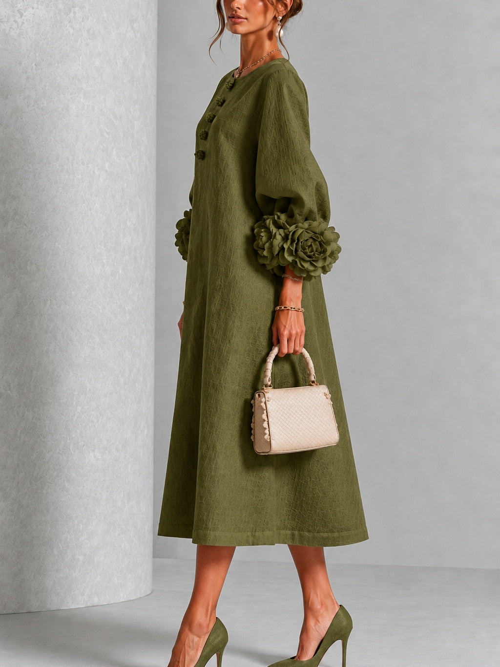 Olive Floral Button-Down Midi Dress with Striking Floral Cuffs