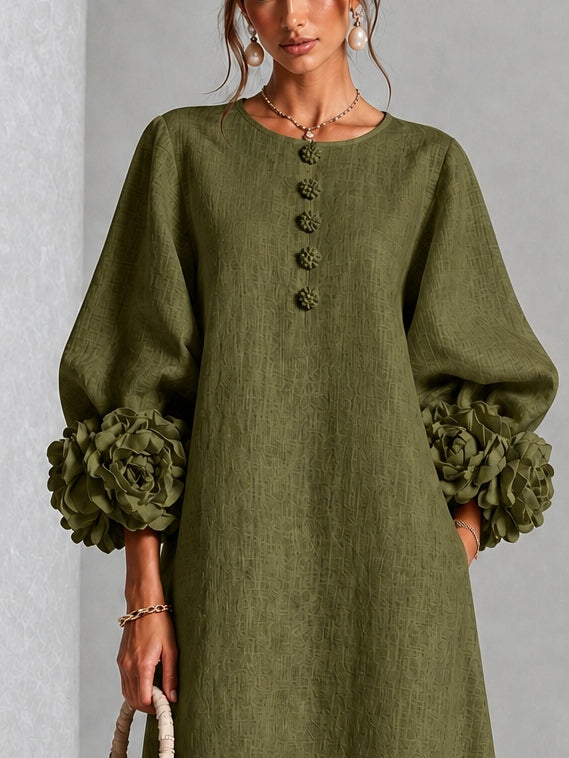 Olive Floral Button-Down Midi Dress with Striking Floral Cuffs