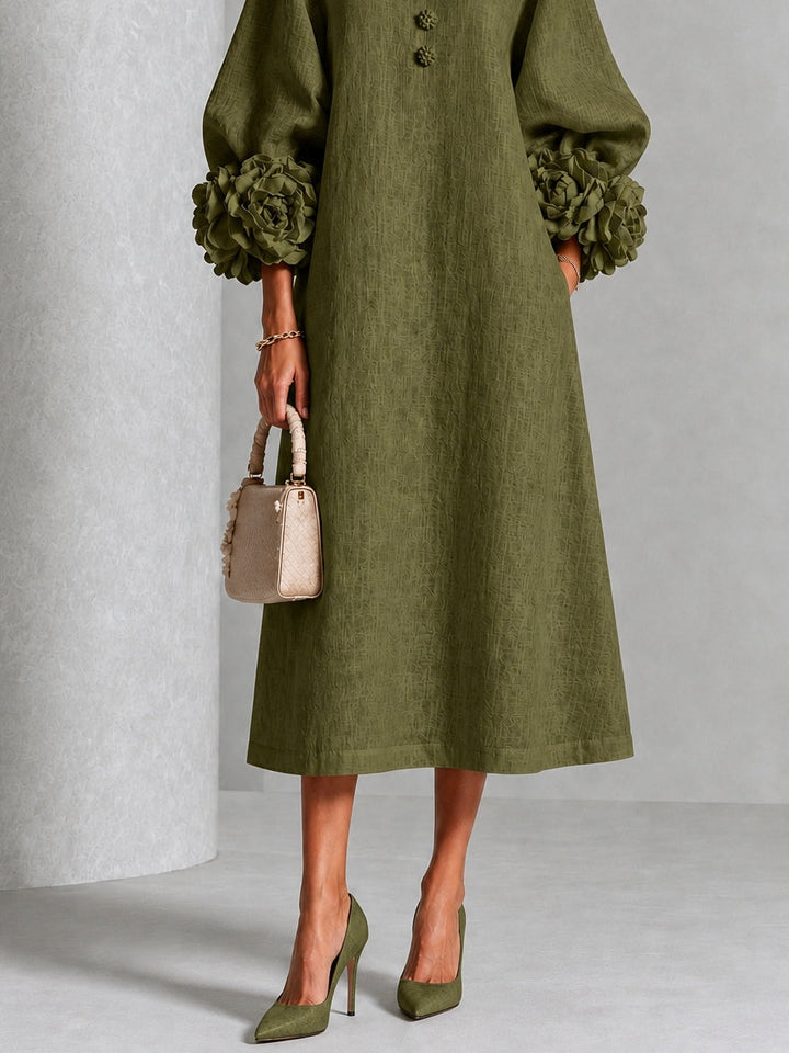 Olive Floral Button-Down Midi Dress with Striking Floral Cuffs