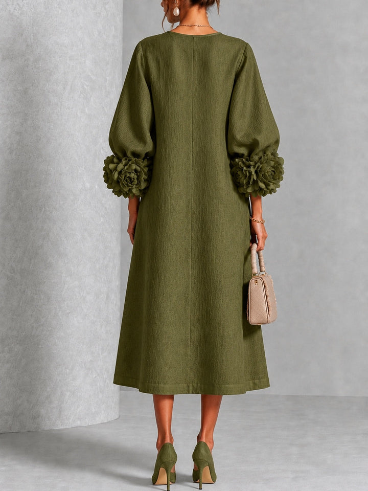 Olive Floral Button-Down Midi Dress with Striking Floral Cuffs