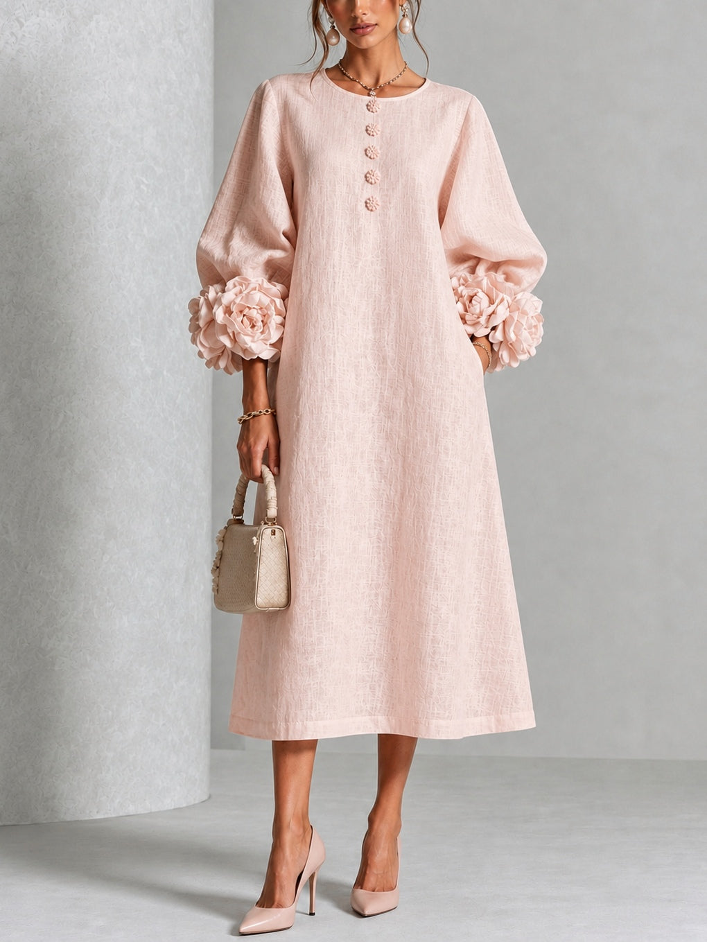 Margaux Rosette-Cuff Button Midi Dress - Pink