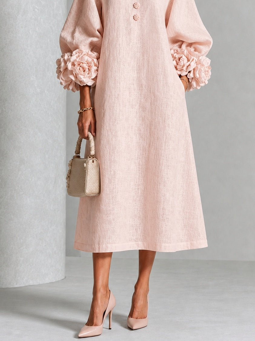 Pink Floral Button-Down Midi Dress with Striking Floral Cuffs