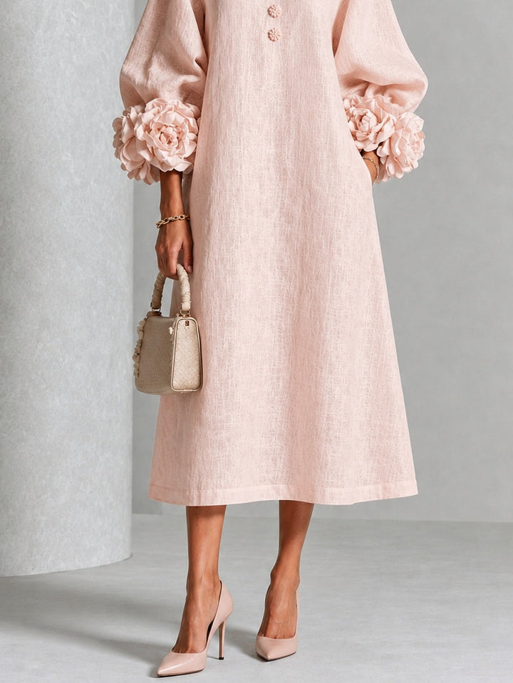 Pink Floral Button-Down Midi Dress with Striking Floral Cuffs