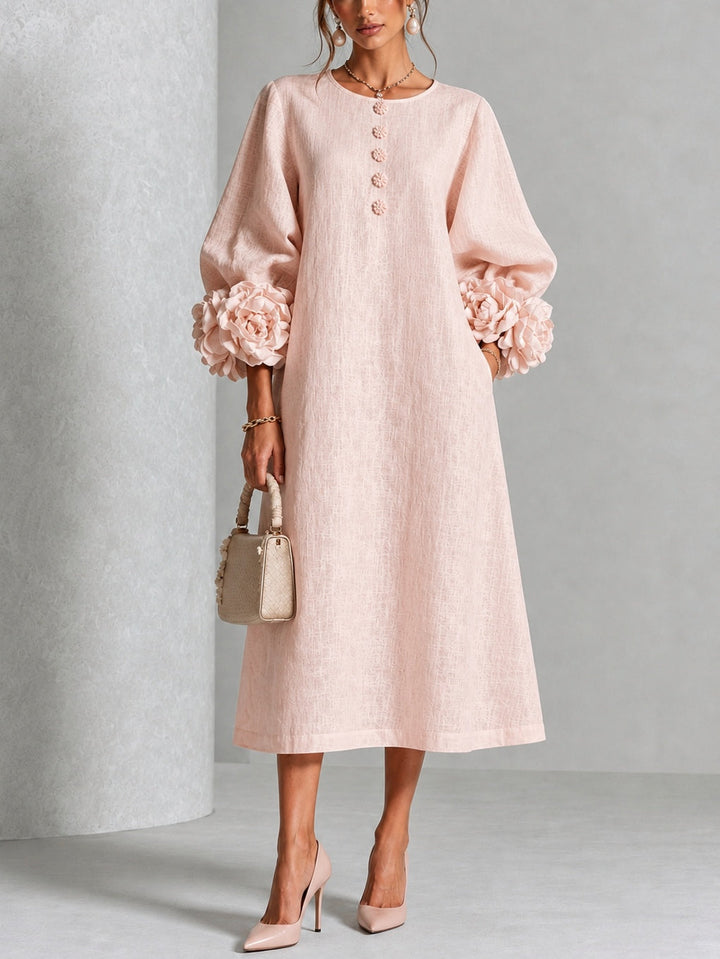 Pink Floral Button-Down Midi Dress with Striking Floral Cuffs