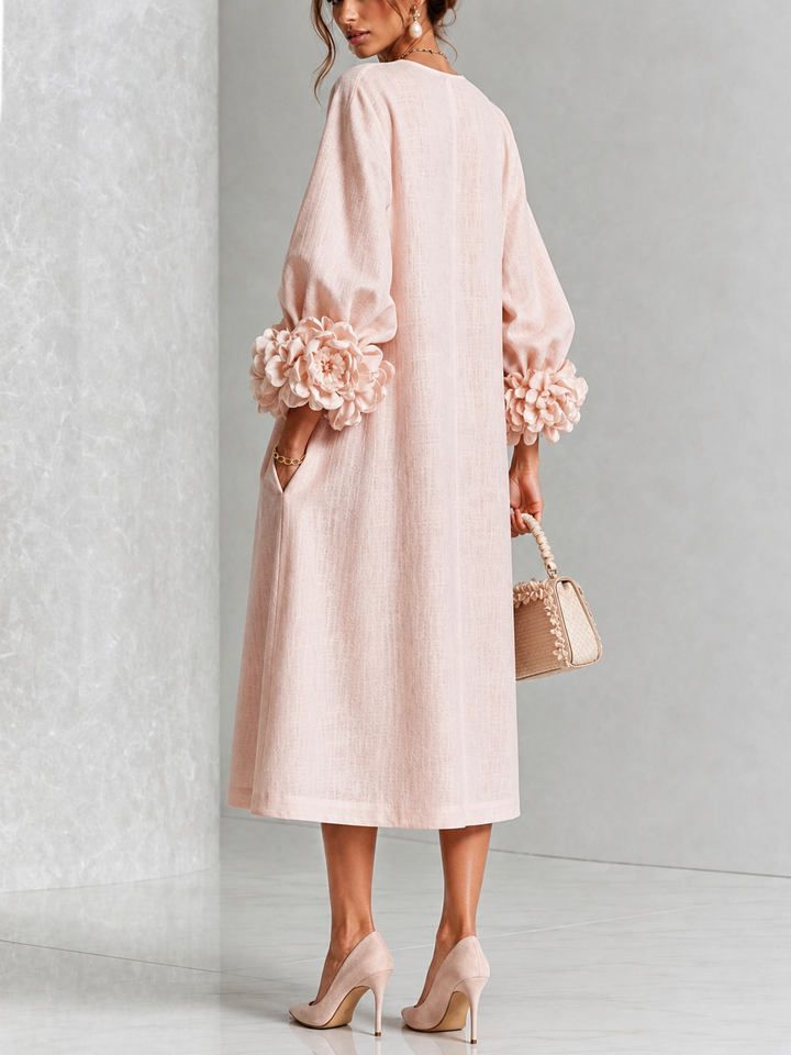 Pink Floral Button-Down Midi Dress with Striking Floral Cuffs