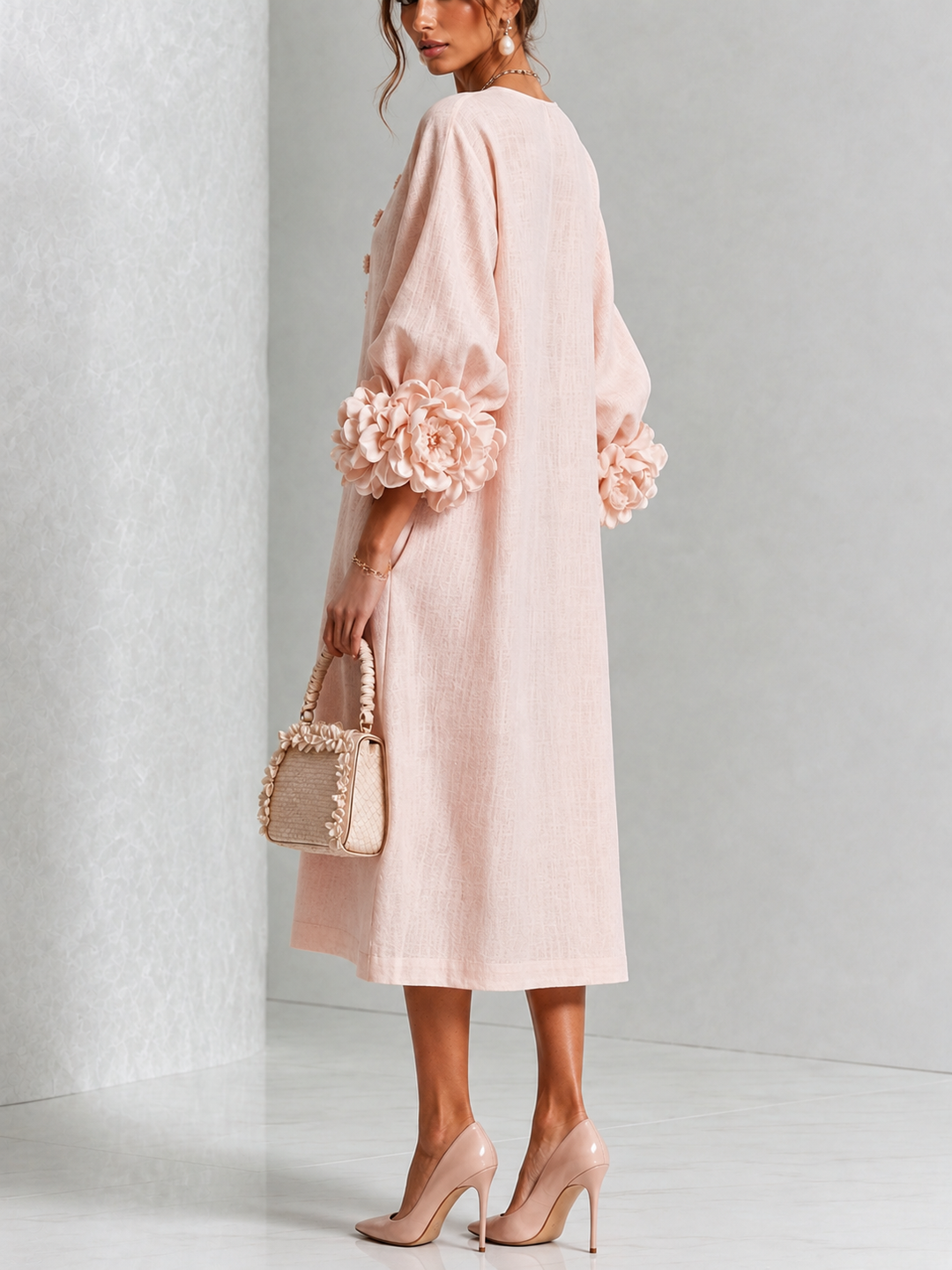 Margaux Rosette-Cuff Button Midi Dress - Pink side view