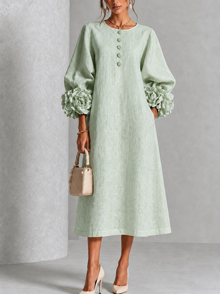 Sage Mist Floral Button-Down Midi Dress with Striking Floral Cuffs