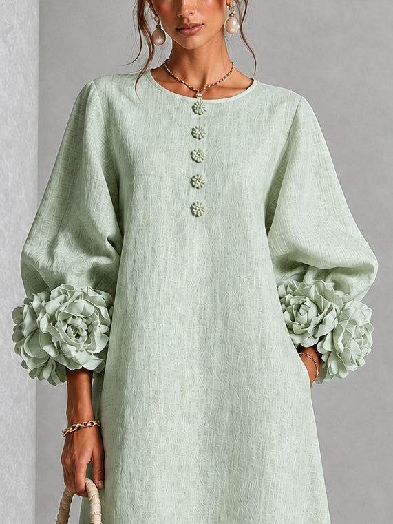 Sage Mist Floral Button-Down Midi Dress with Striking Floral Cuffs