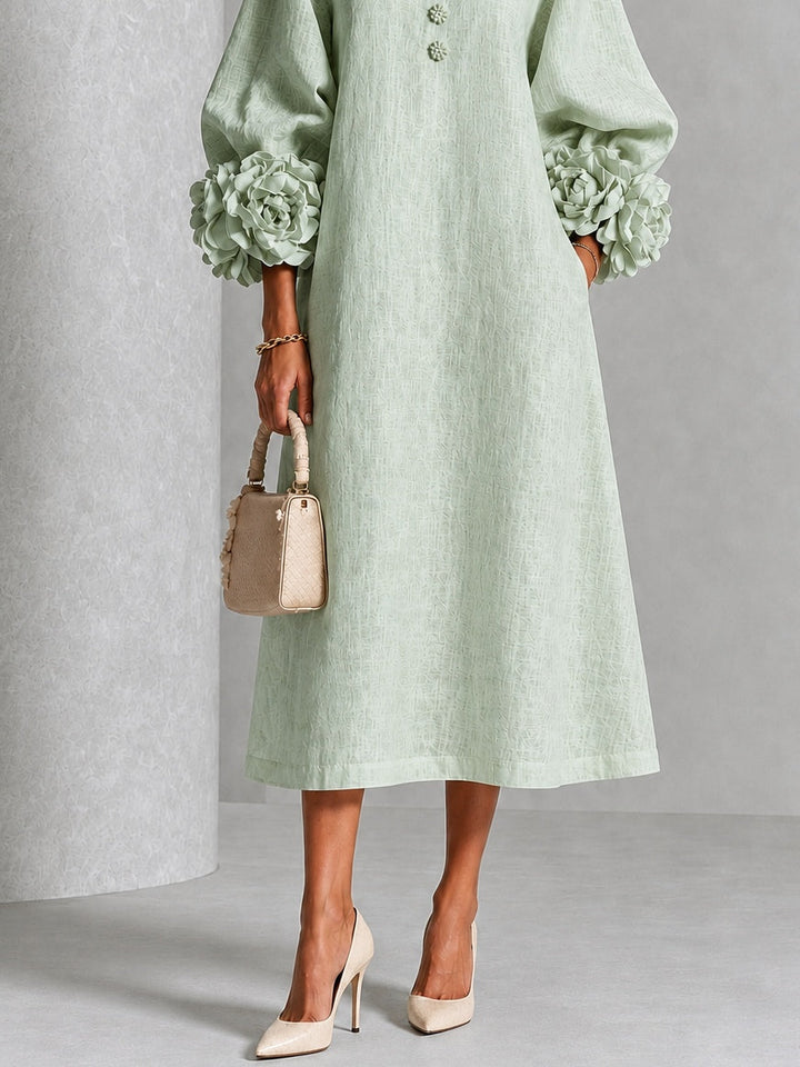 Sage Mist Floral Button-Down Midi Dress with Striking Floral Cuffs