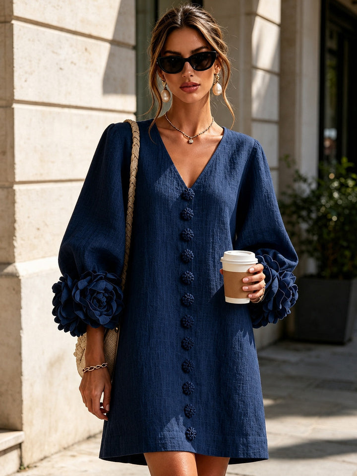 Navy V-Neck Floral Button-Down Mini Dress with Striking Floral Cuffs