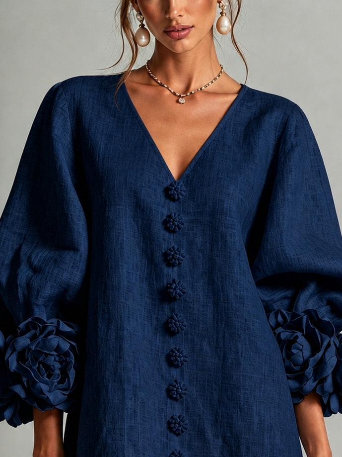 Navy V-Neck Floral Button-Down Mini Dress with Striking Floral Cuffs
