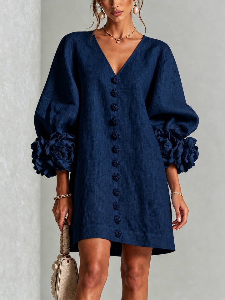Navy V-Neck Floral Button-Down Mini Dress with Striking Floral Cuffs
