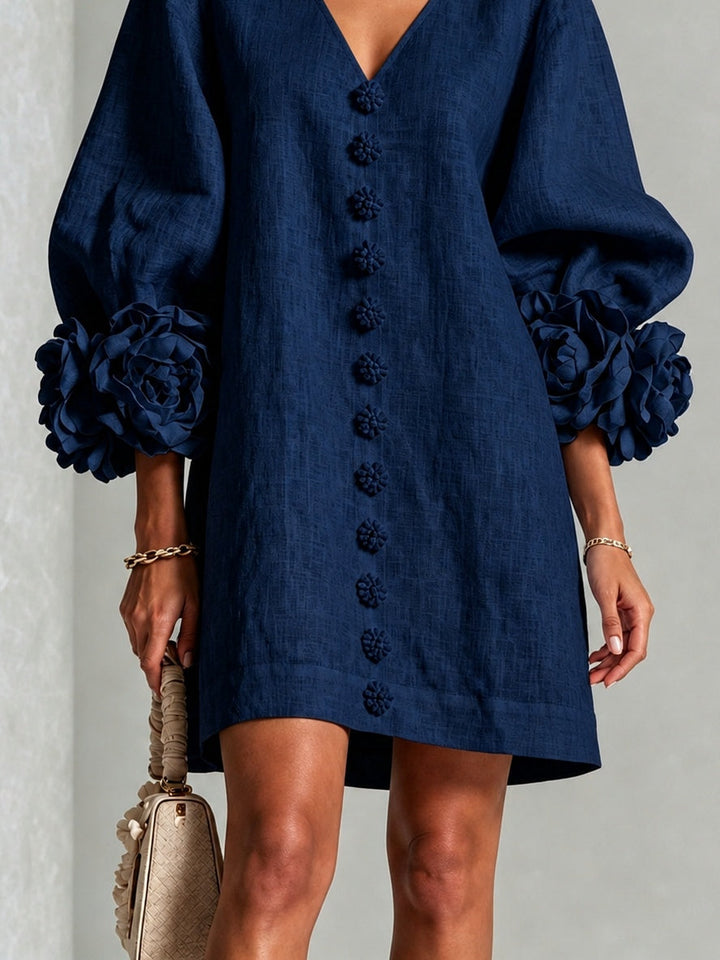 Navy V-Neck Floral Button-Down Mini Dress with Striking Floral Cuffs