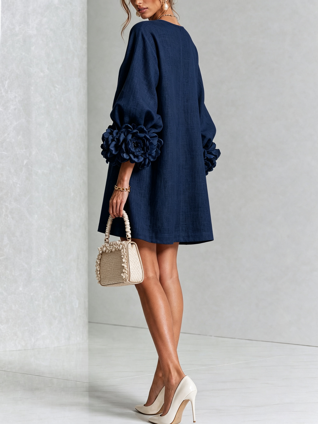 Navy V-Neck Floral Button-Down Mini Dress with Striking Floral Cuffs