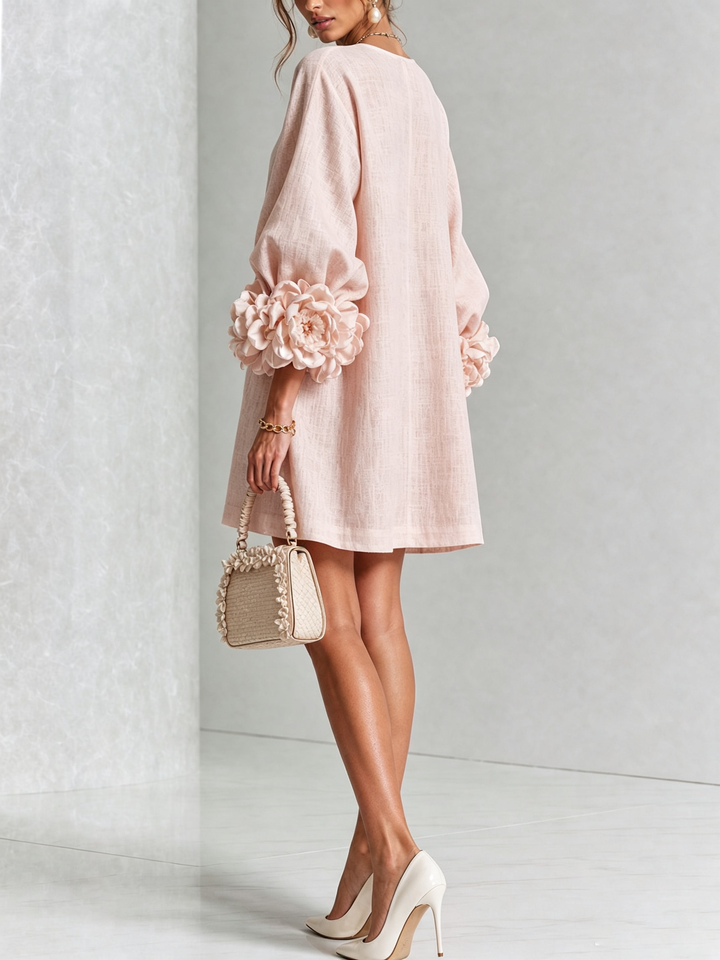 Pink V-Neck Floral Button-Down Mini Dress with Striking Floral Cuffs