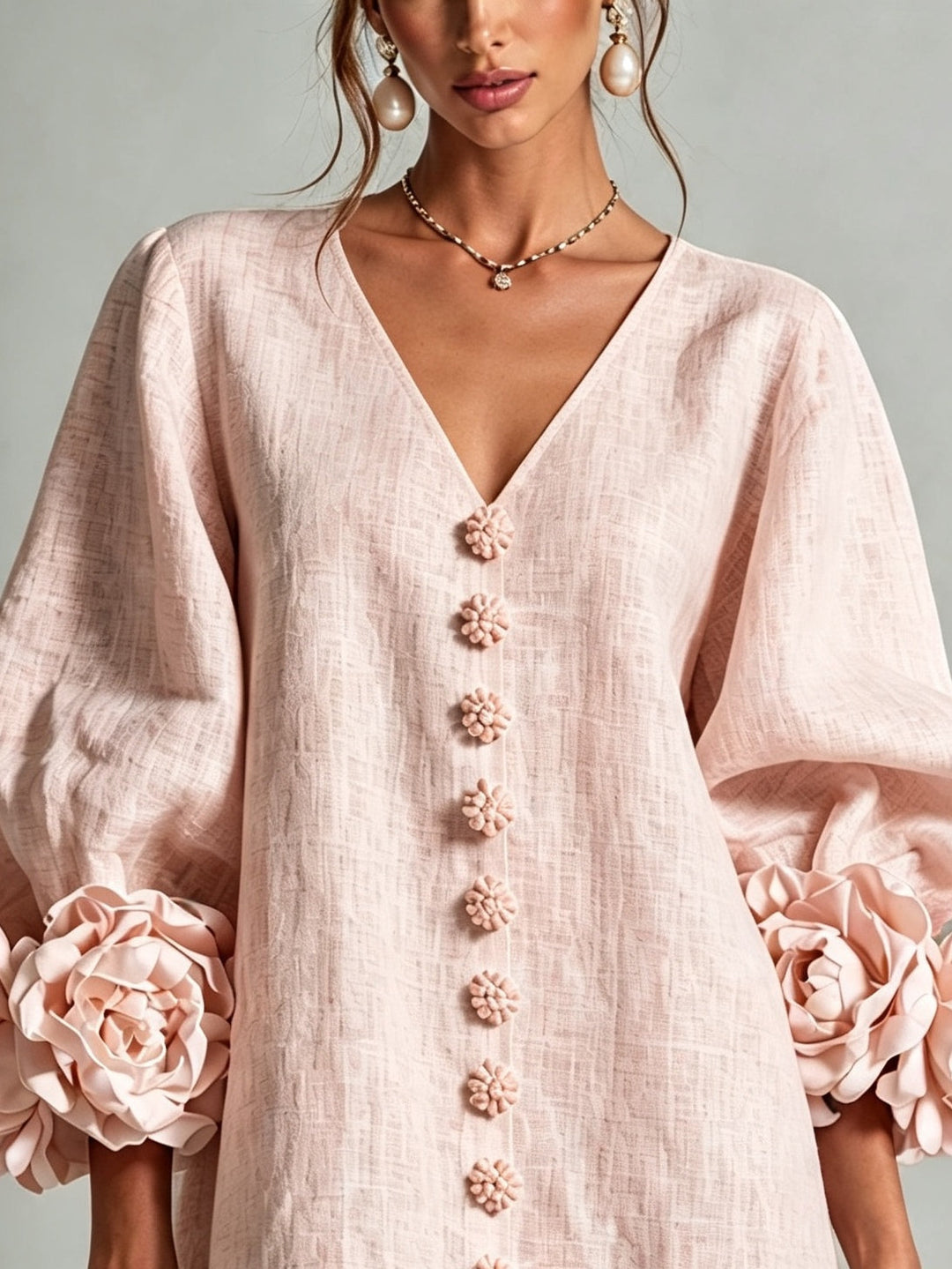 Pink V-Neck Floral Button-Down Mini Dress with Striking Floral Cuffs