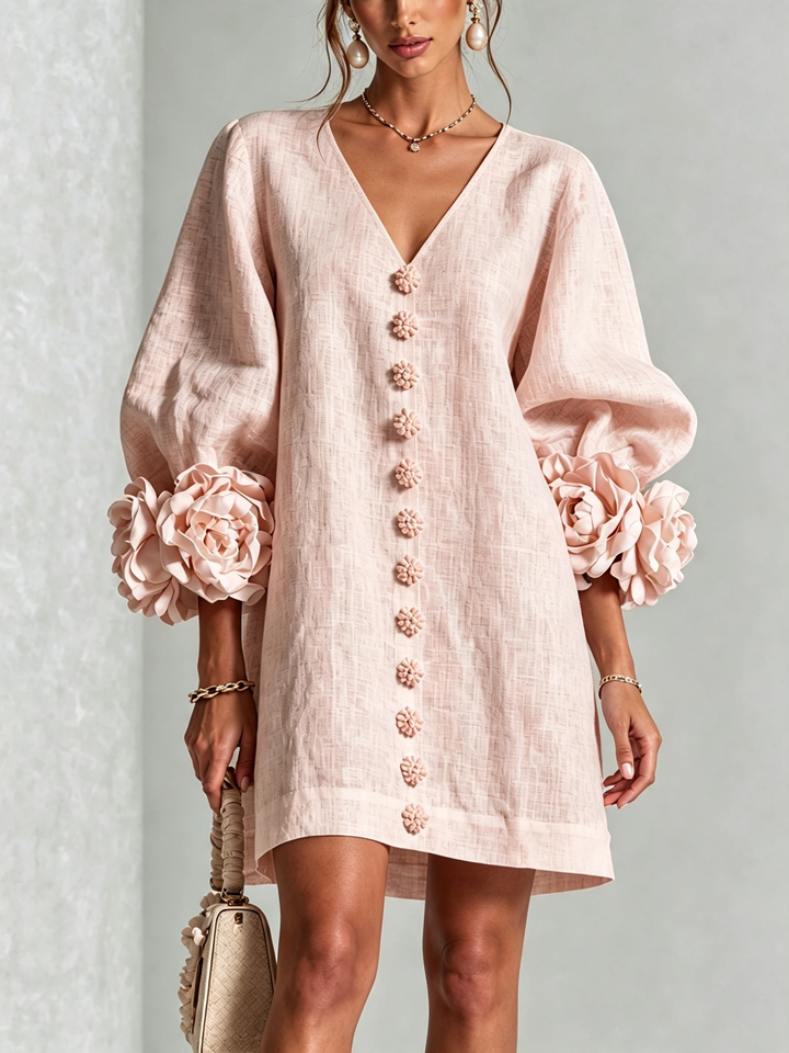 Pink V-Neck Floral Button-Down Mini Dress with Striking Floral Cuffs