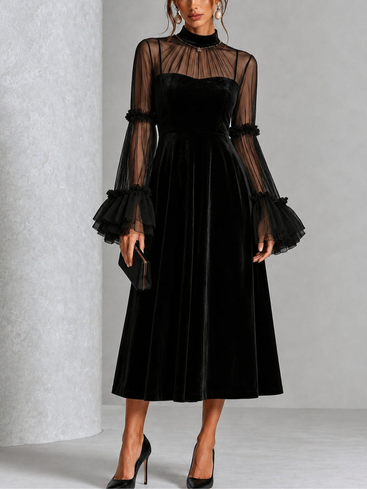 Genevieve | Black Velvet Midi Dress with Sheer Ruffle Sleeves