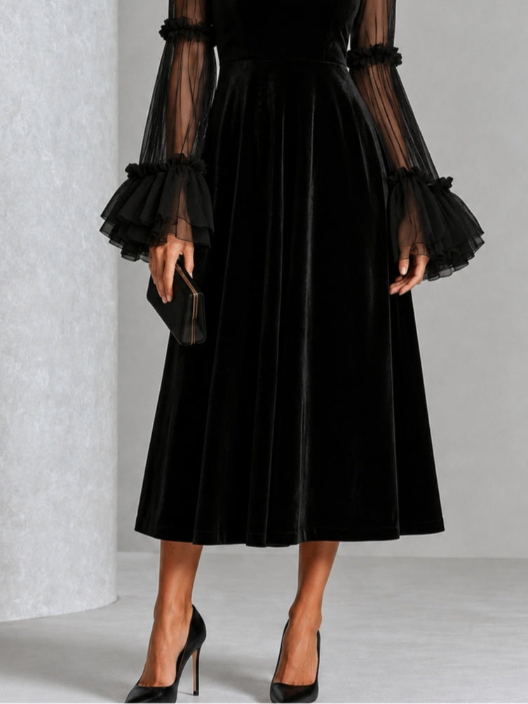 Genevieve | Black Velvet Midi Dress with Sheer Ruffle Sleeves