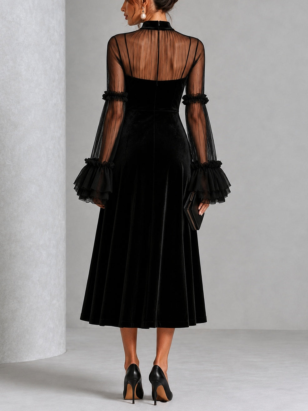 Genevieve | Black Velvet Midi Dress with Sheer Ruffle Sleeves