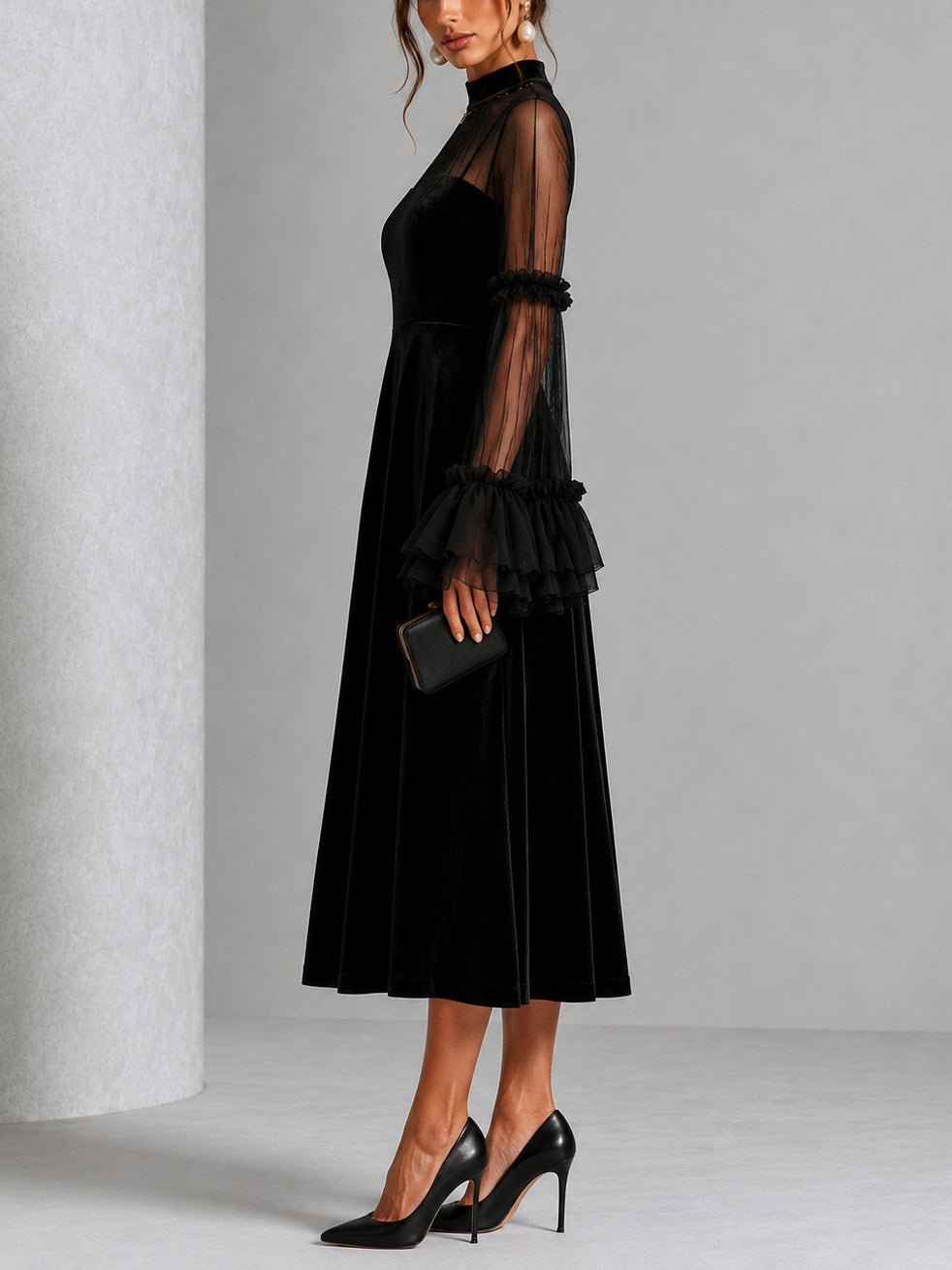 Genevieve | Black Velvet Midi Dress with Sheer Ruffle Sleeves