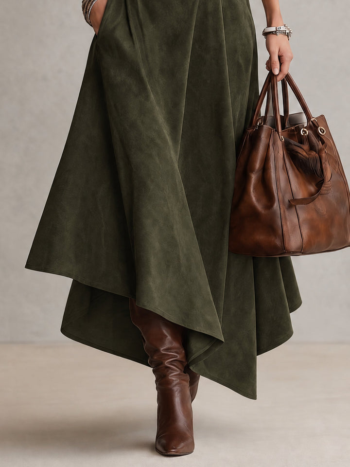 Olive Green Turtleneck Top and Asymmetrical Skirt Set with Belt