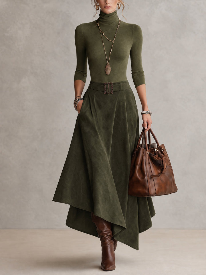 Olive Green Turtleneck Top and Asymmetrical Skirt Set with Belt
