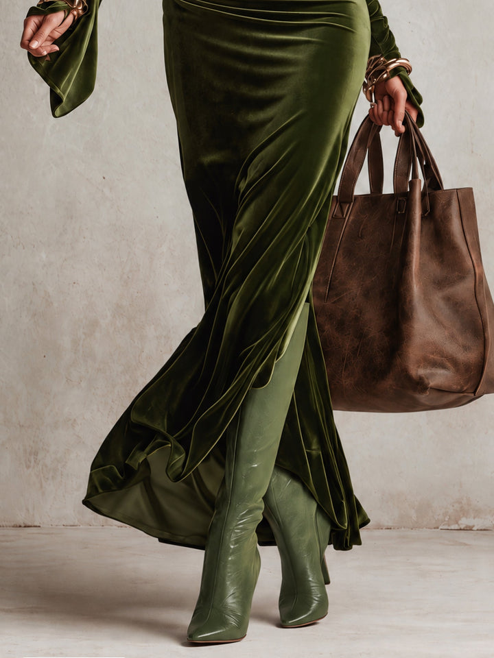 Rosemarie | Olive Green Velvet Asymmetrical Off-Shoulder Turtleneck Ruched Maxi Dress