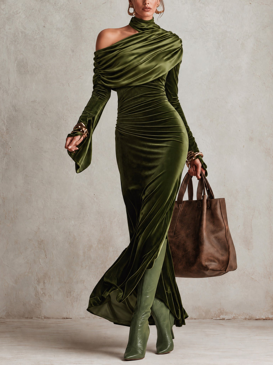 Rosalind Olive Green Off-Shoulder Turtleneck Maxi Dress