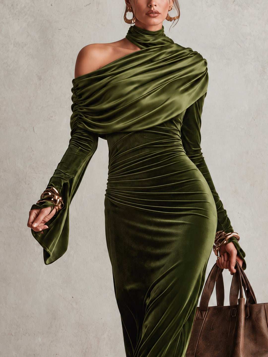 Rosemarie | Olive Green Velvet Asymmetrical Off-Shoulder Turtleneck Ruched Maxi Dress