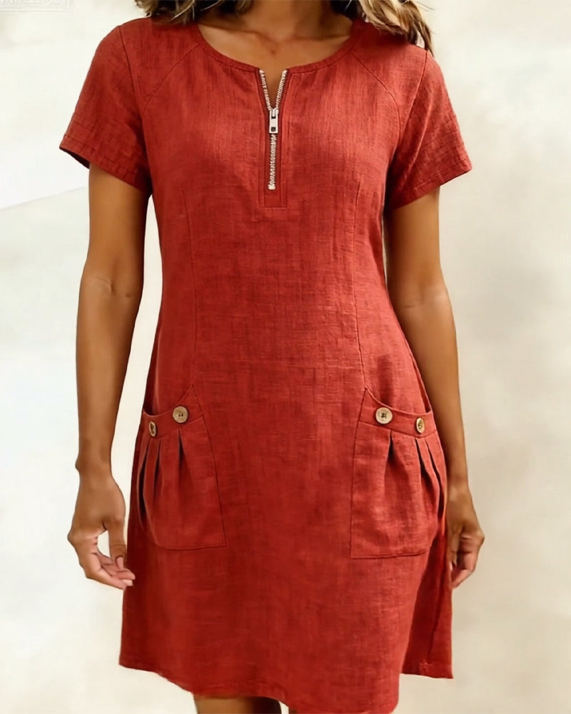 Susan | Cotton Linen Dress with Half-Zip