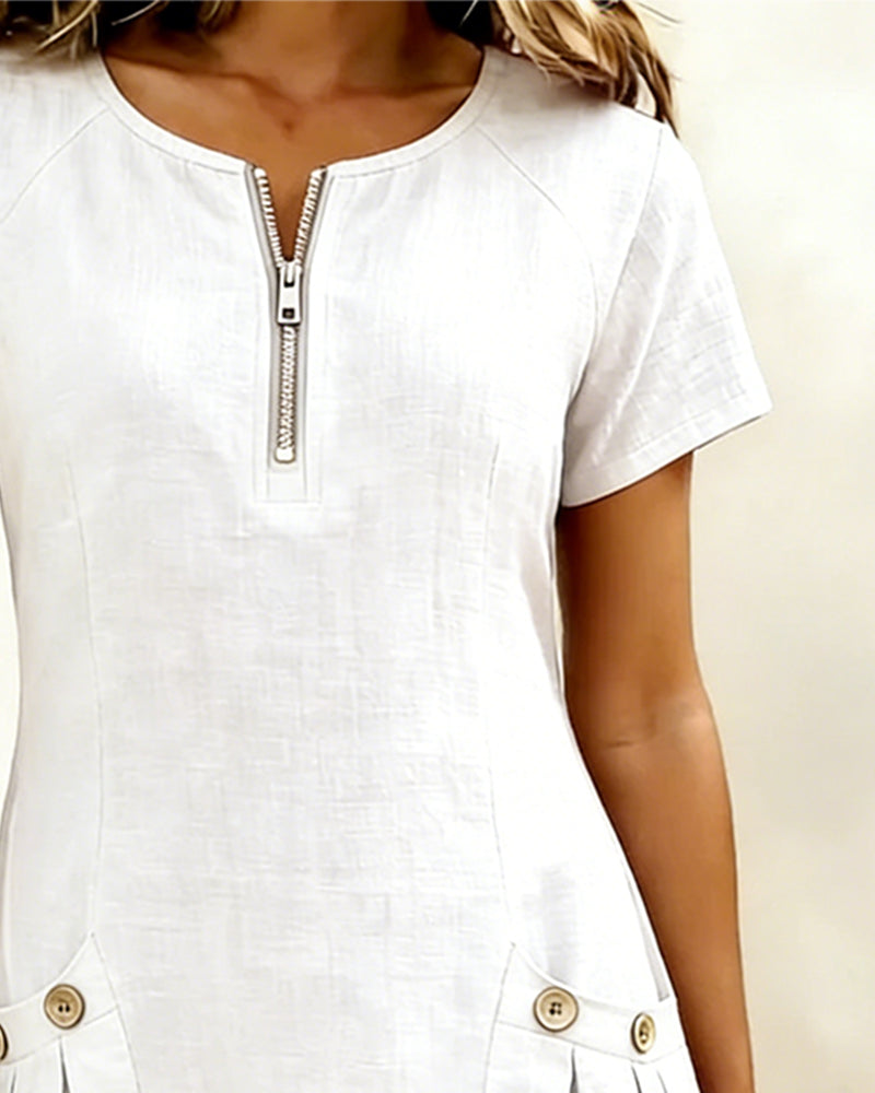 Susan | Cotton Linen Dress with Half-Zip