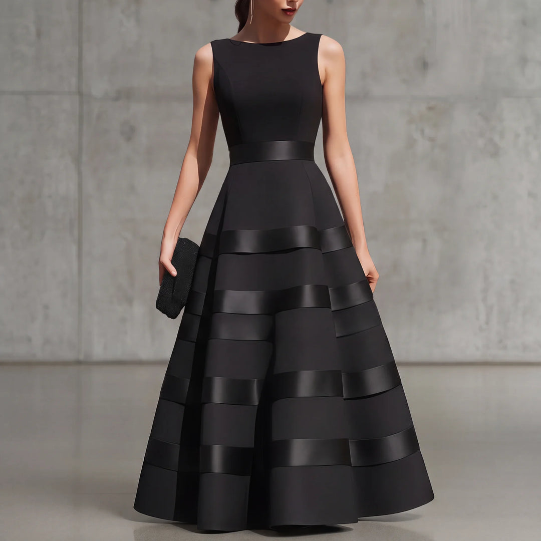 Annabella | Black sleeveless midi dress with flared skirt and defined waist