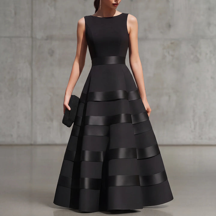 Annabella | Black sleeveless midi dress with flared skirt and defined waist