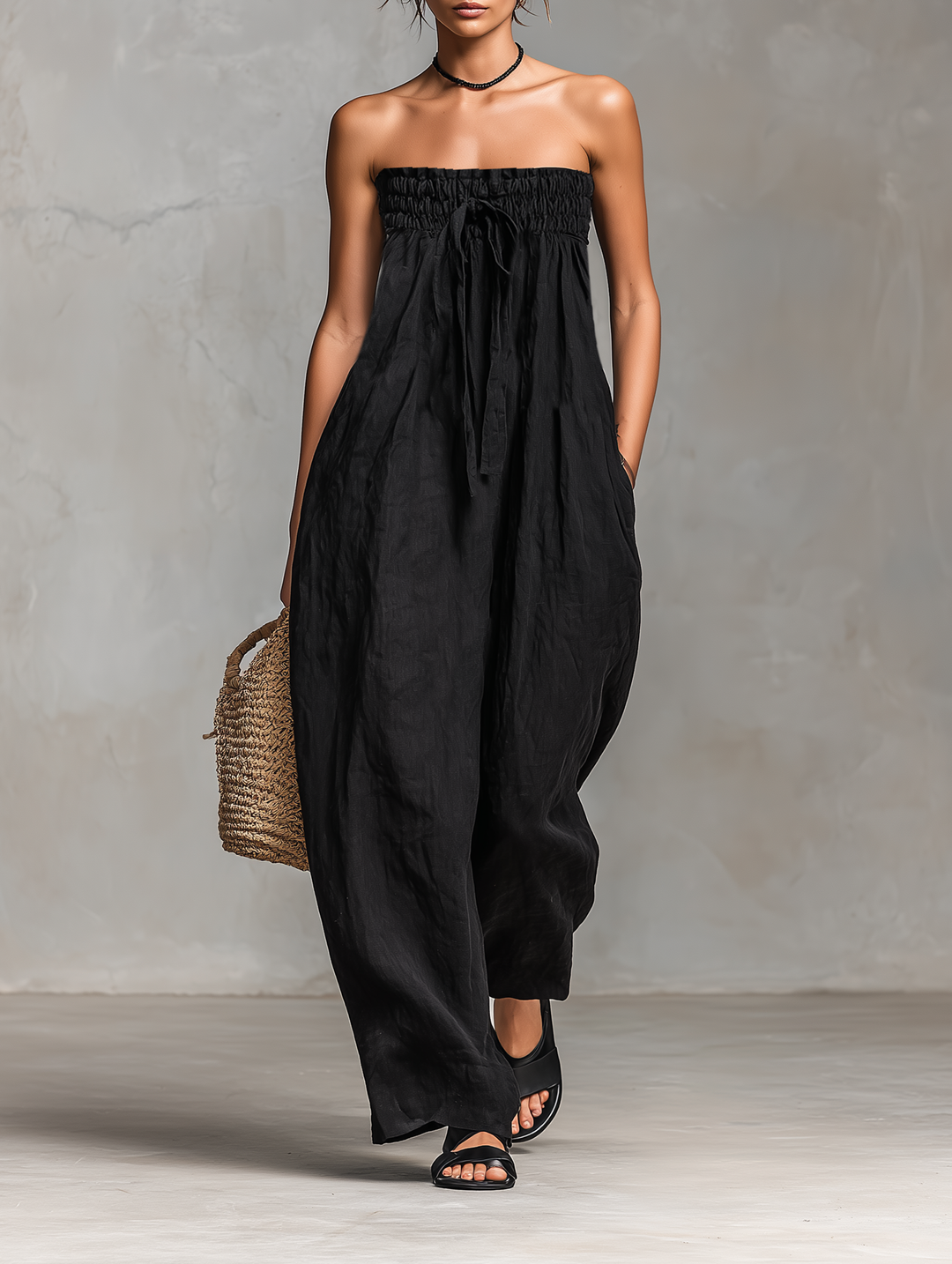 Susan - Women's Minimalist Linen Blend Strapless Jumpsuit with Tie Closure