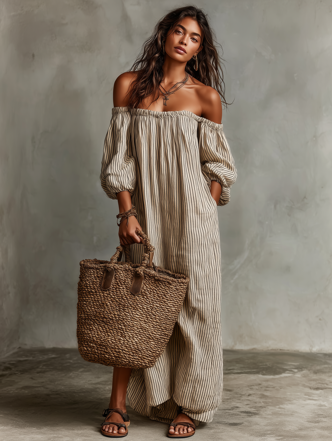 Carmen - Long cotton and linen dress with off-the-shoulder design