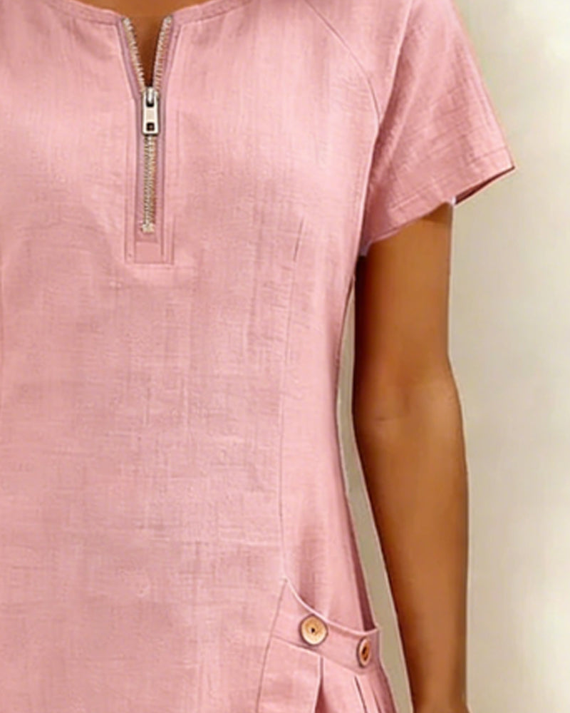 Susan | Cotton Linen Dress with Half-Zip