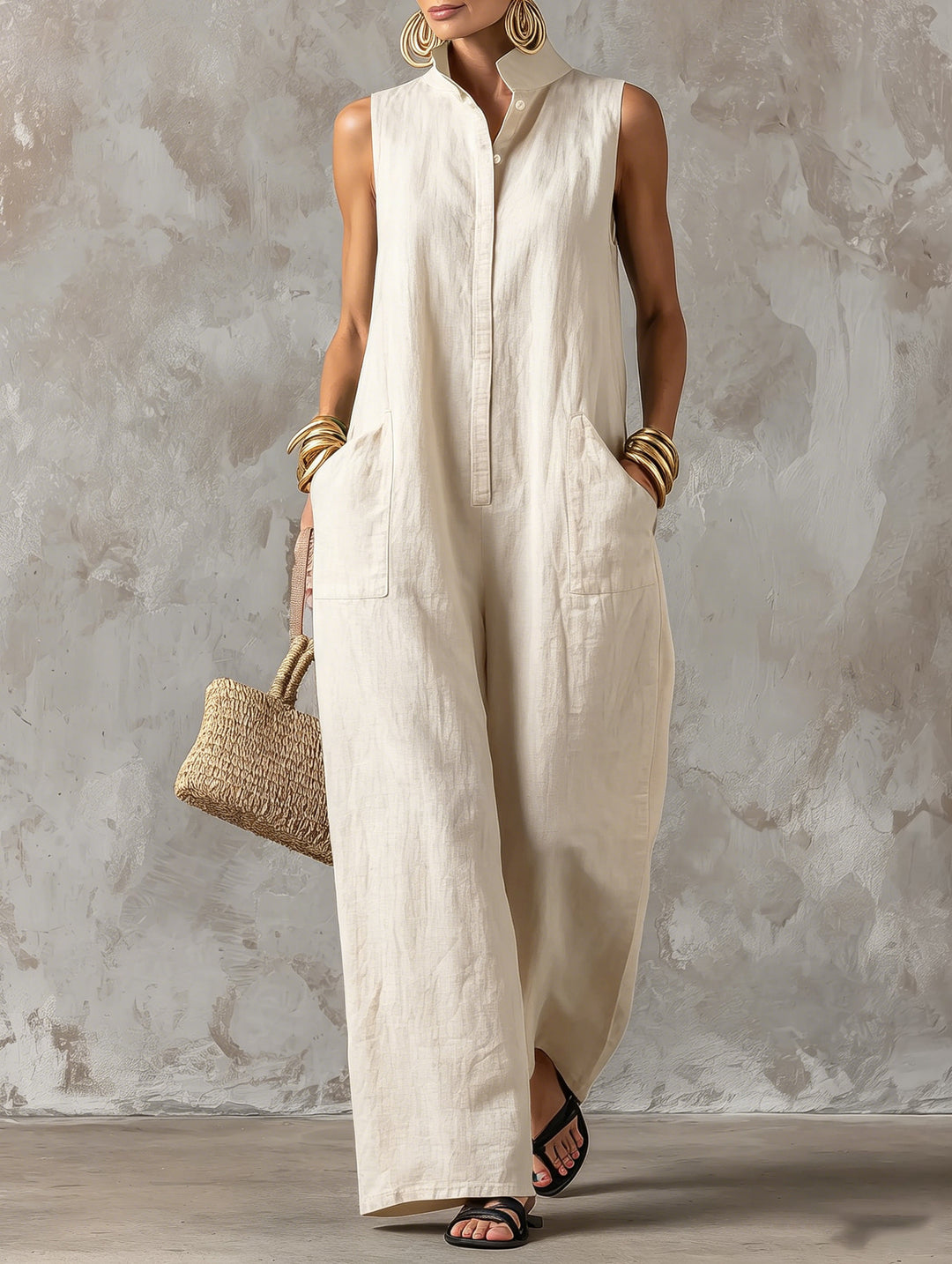 Jerline - Women's Sleeveless Wide-Leg Jumpsuit