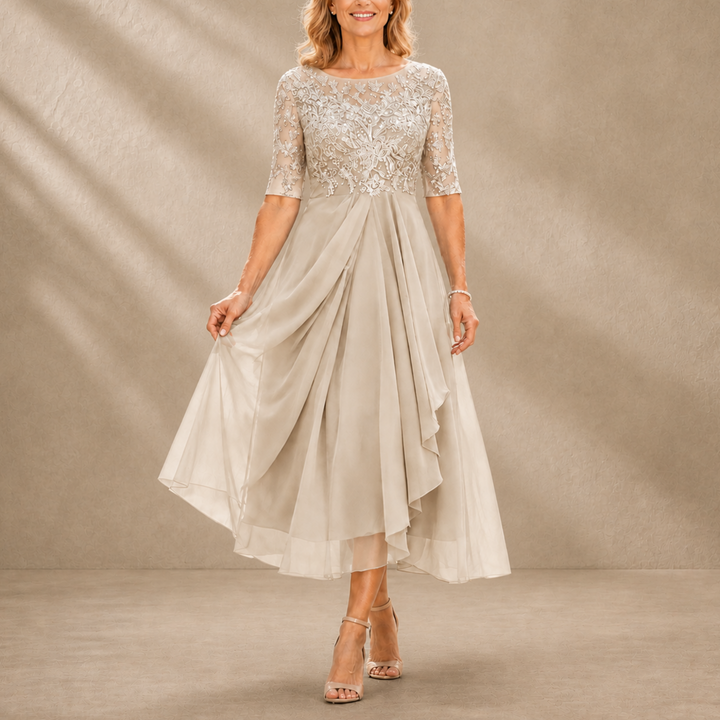 Bianca Lace Bodice Draped Midi Dress - Champagne Gold